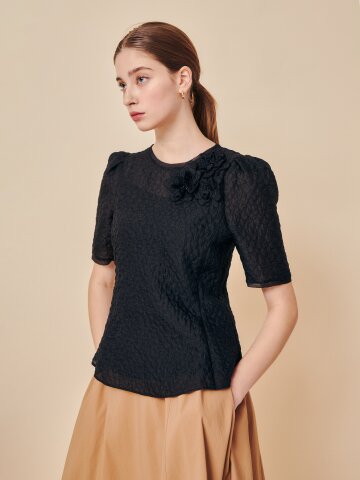 시어 크링클 아플리케 블라우스 