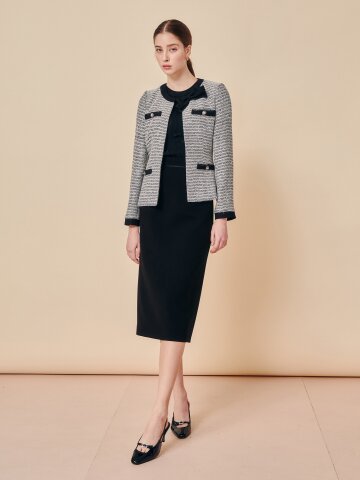 파인 트위드 트리밍 미디 스커트 