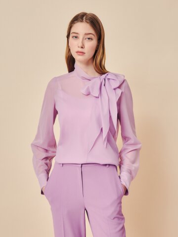 시어 페미닌 보우 타이 블라우스 