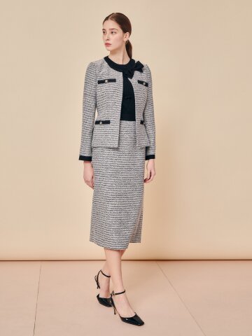 파인 트위드 트리밍 미디 스커트 