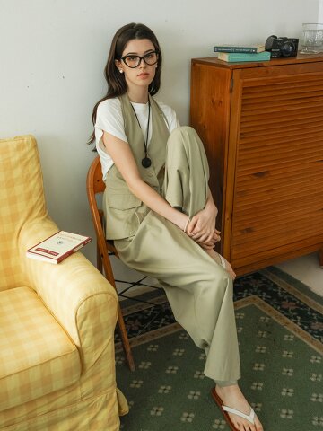 DD_Button vest and wide leg pants set_BEIGE