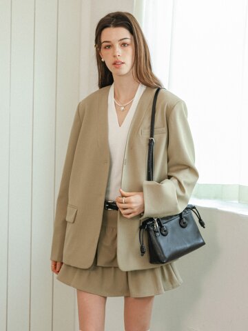 DD_V-neck collarless jacket and skirt set_BEIGE