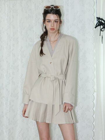 DD_Wrap style top and pleated mini skirt set_BEIGE