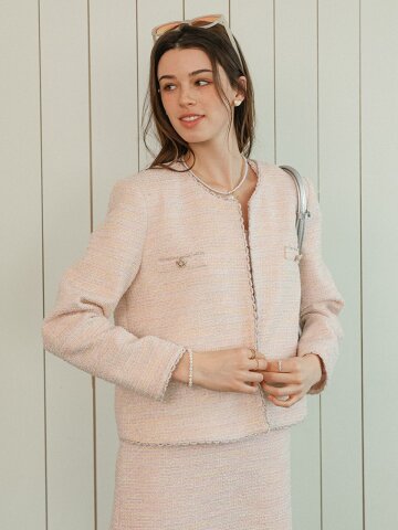 DD_Tweed collarless crop jacket_PINK
