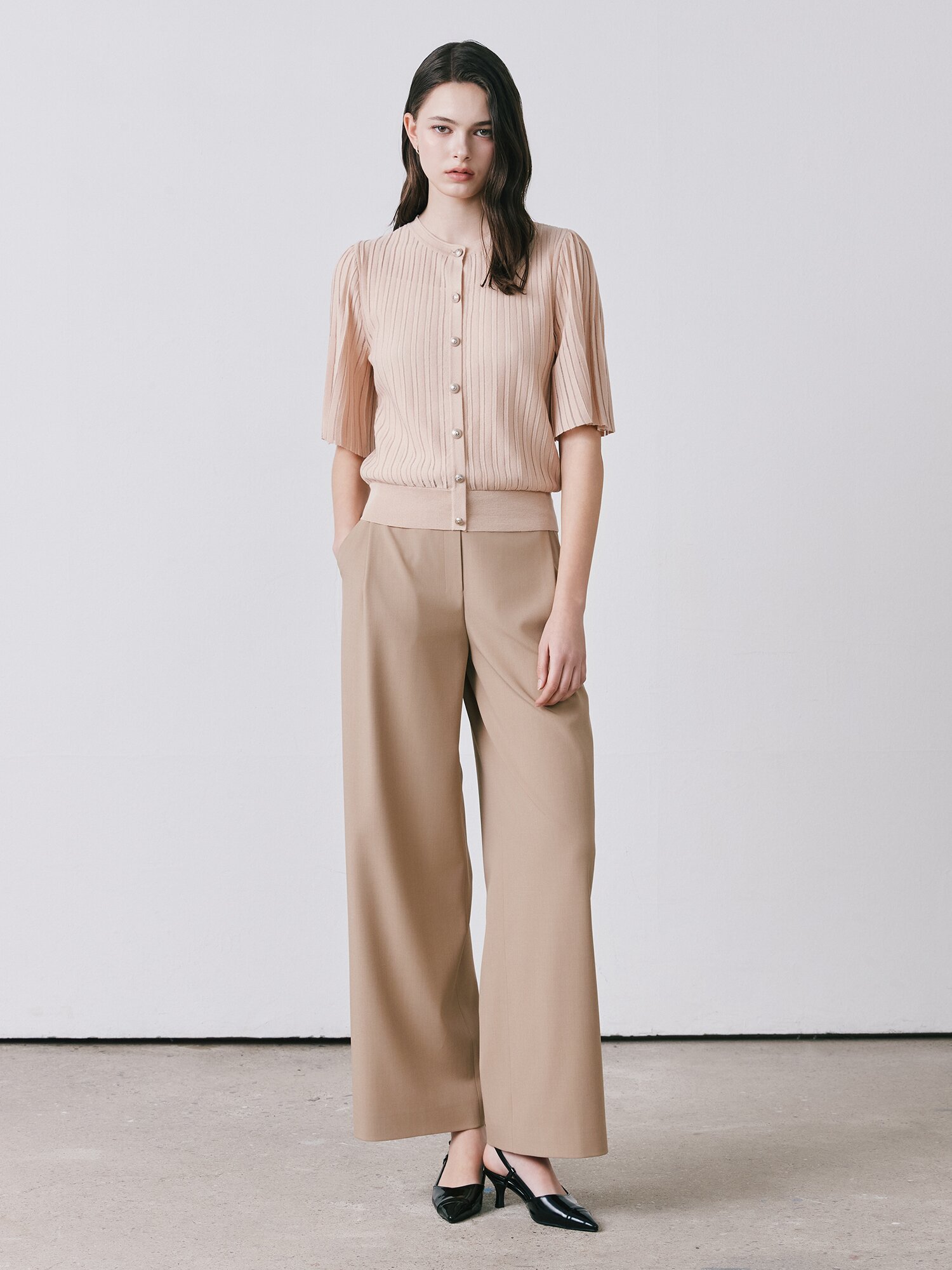 시스루 플리츠 벨 슬리브 가디건 (LIGHT BEIGE)