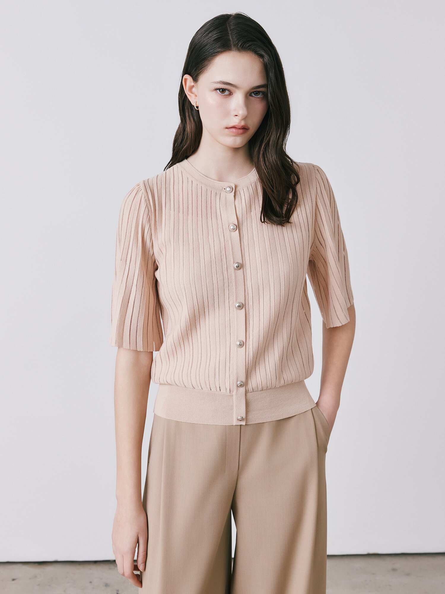 시스루 플리츠 벨 슬리브 가디건 (LIGHT BEIGE)