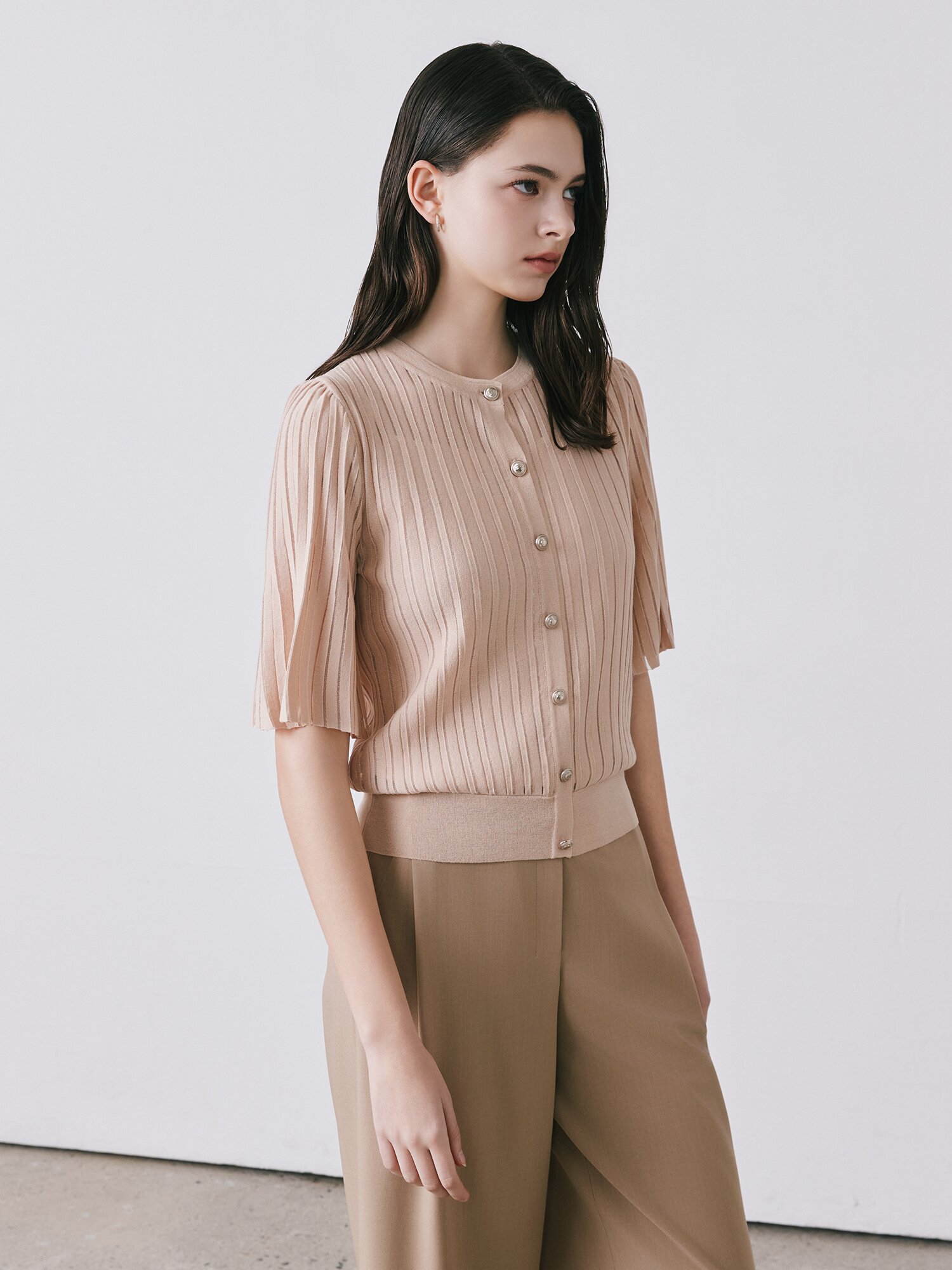 시스루 플리츠 벨 슬리브 가디건 (LIGHT BEIGE)