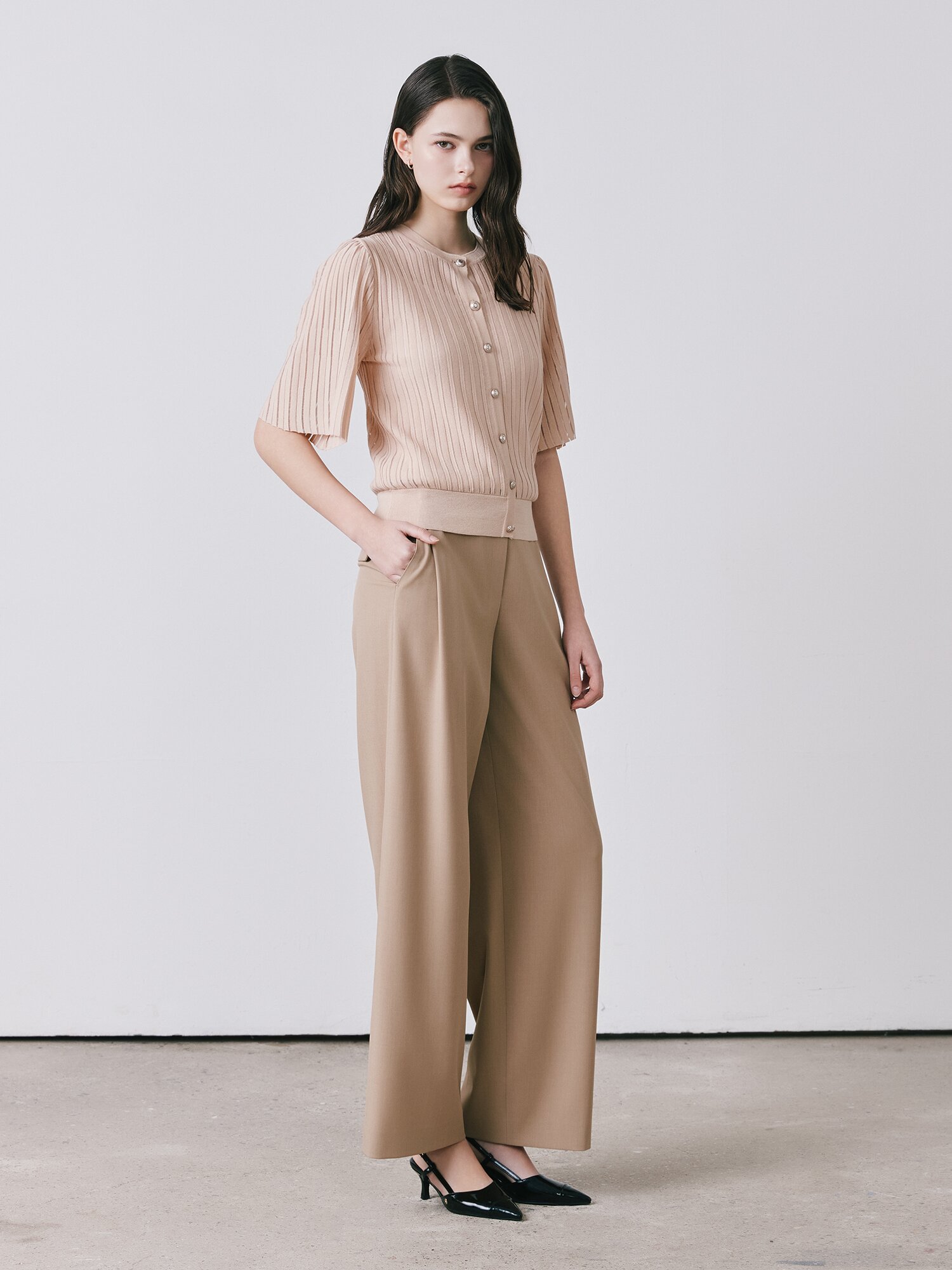 시스루 플리츠 벨 슬리브 가디건 (LIGHT BEIGE)