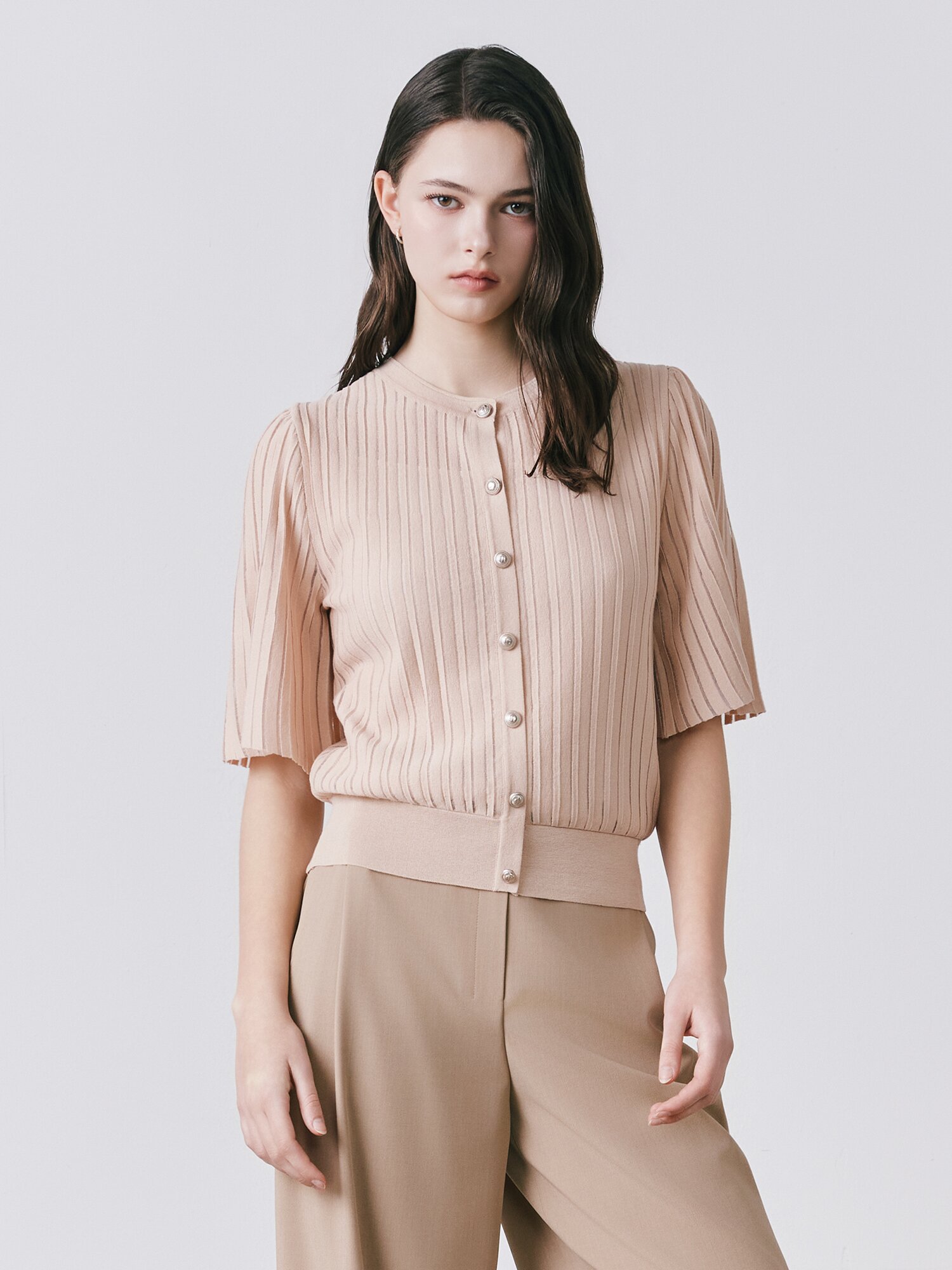 시스루 플리츠 벨 슬리브 가디건 (LIGHT BEIGE)