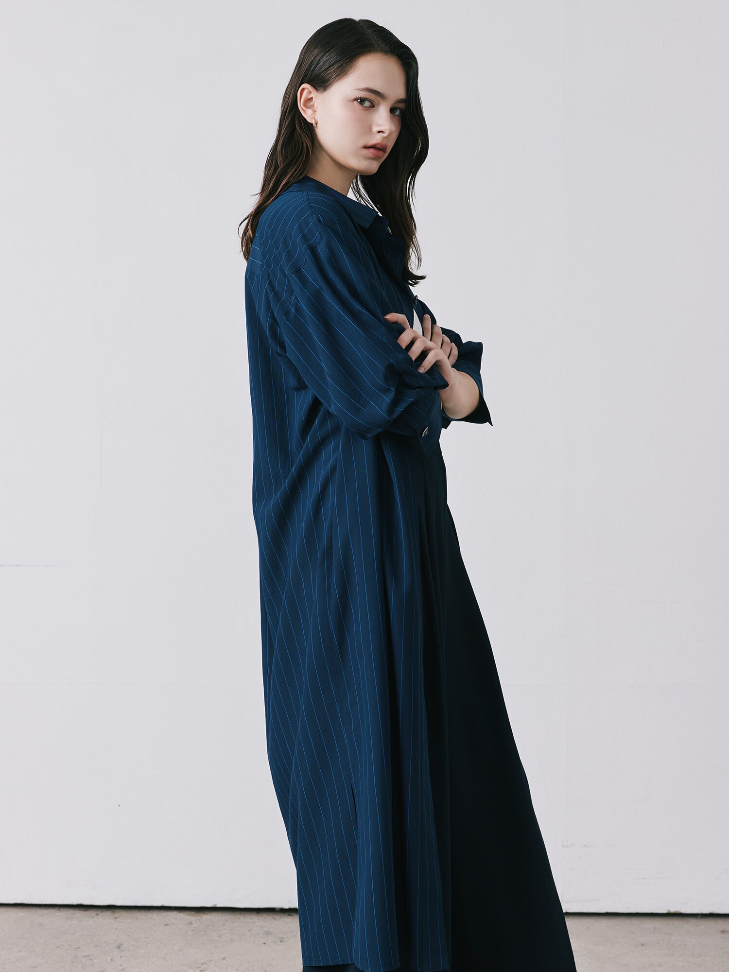 스트라이프 볼륨 슬리브 원피스 (STRIPE NAVY)