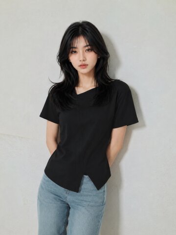 사선 라인 슬릿 티셔츠 