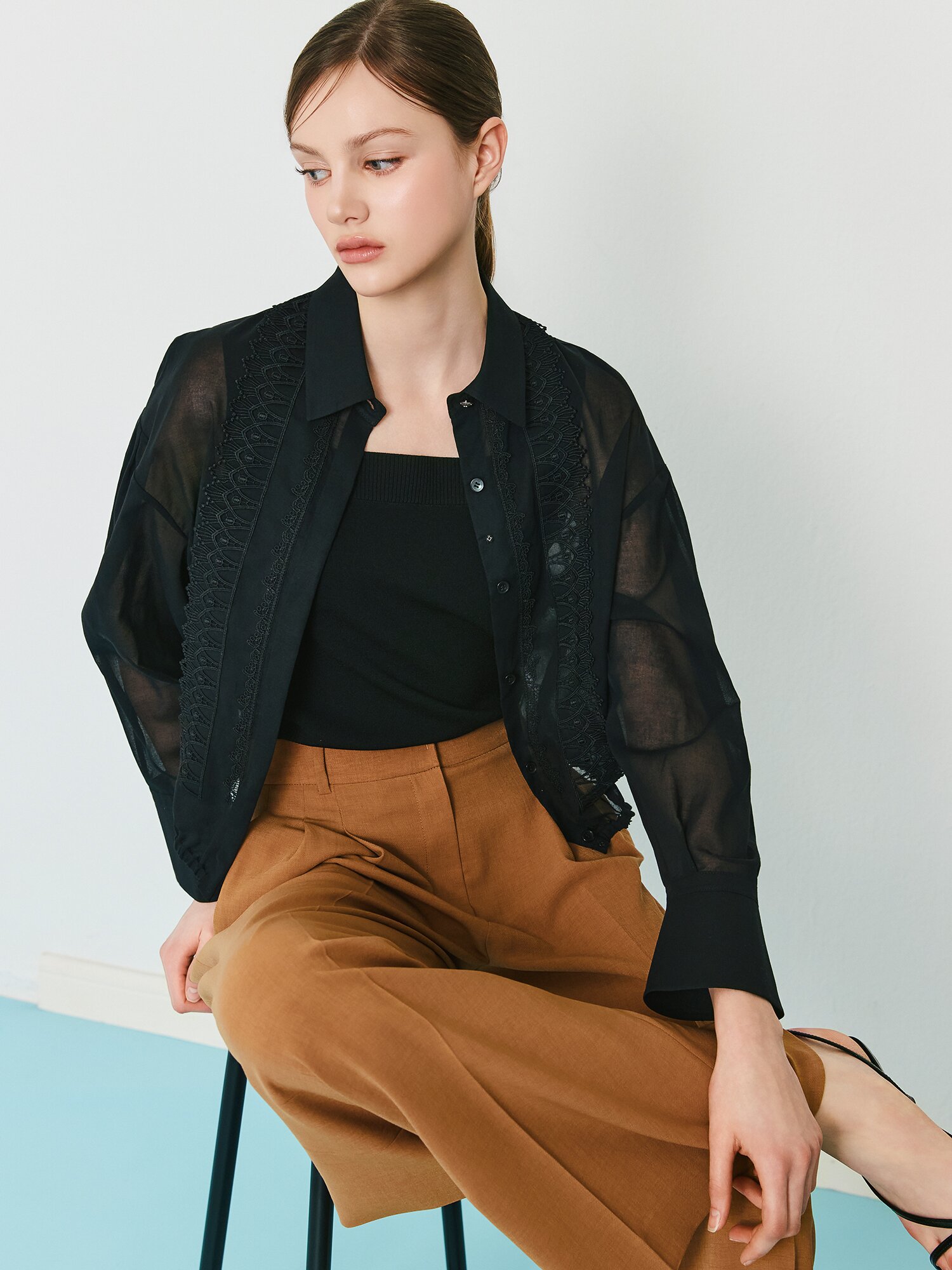 시스루 레이스 크롭 블라우스 (BLACK)