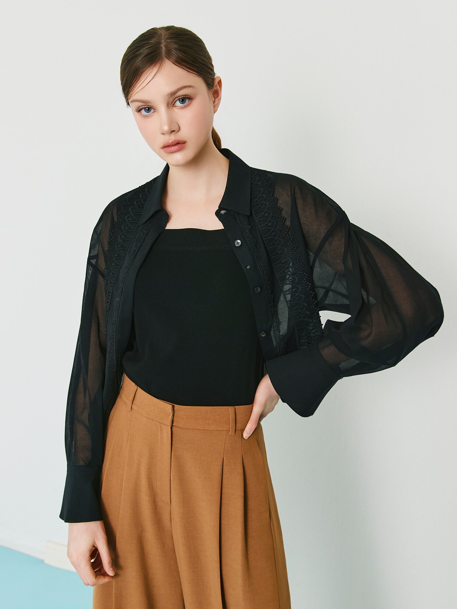시스루 레이스 크롭 블라우스 (BLACK)