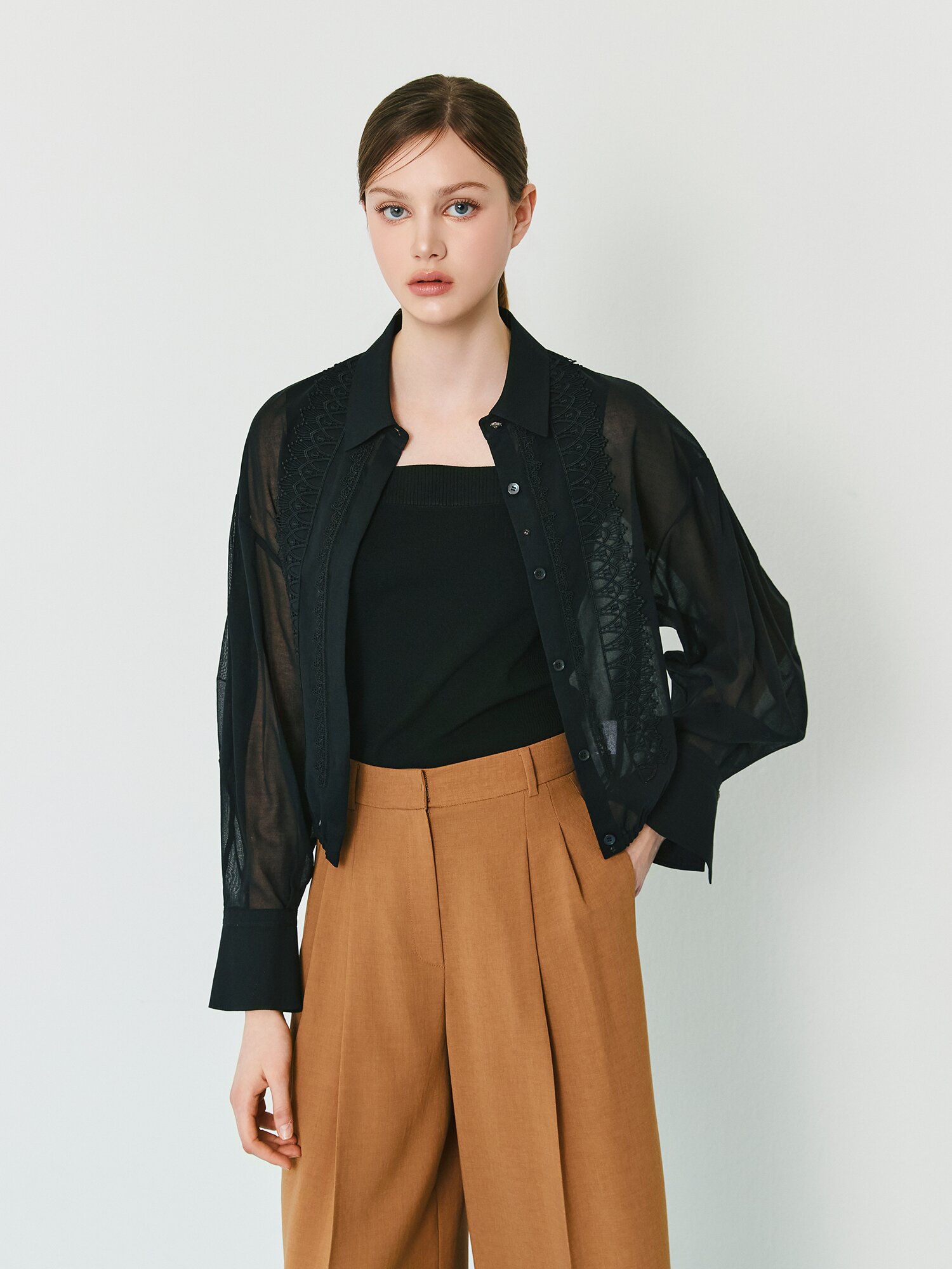 시스루 레이스 크롭 블라우스 (BLACK)