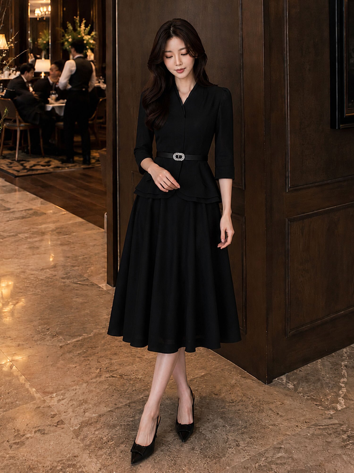 브이넥 페플럼 재킷 플레어 원피스 (BLACK)