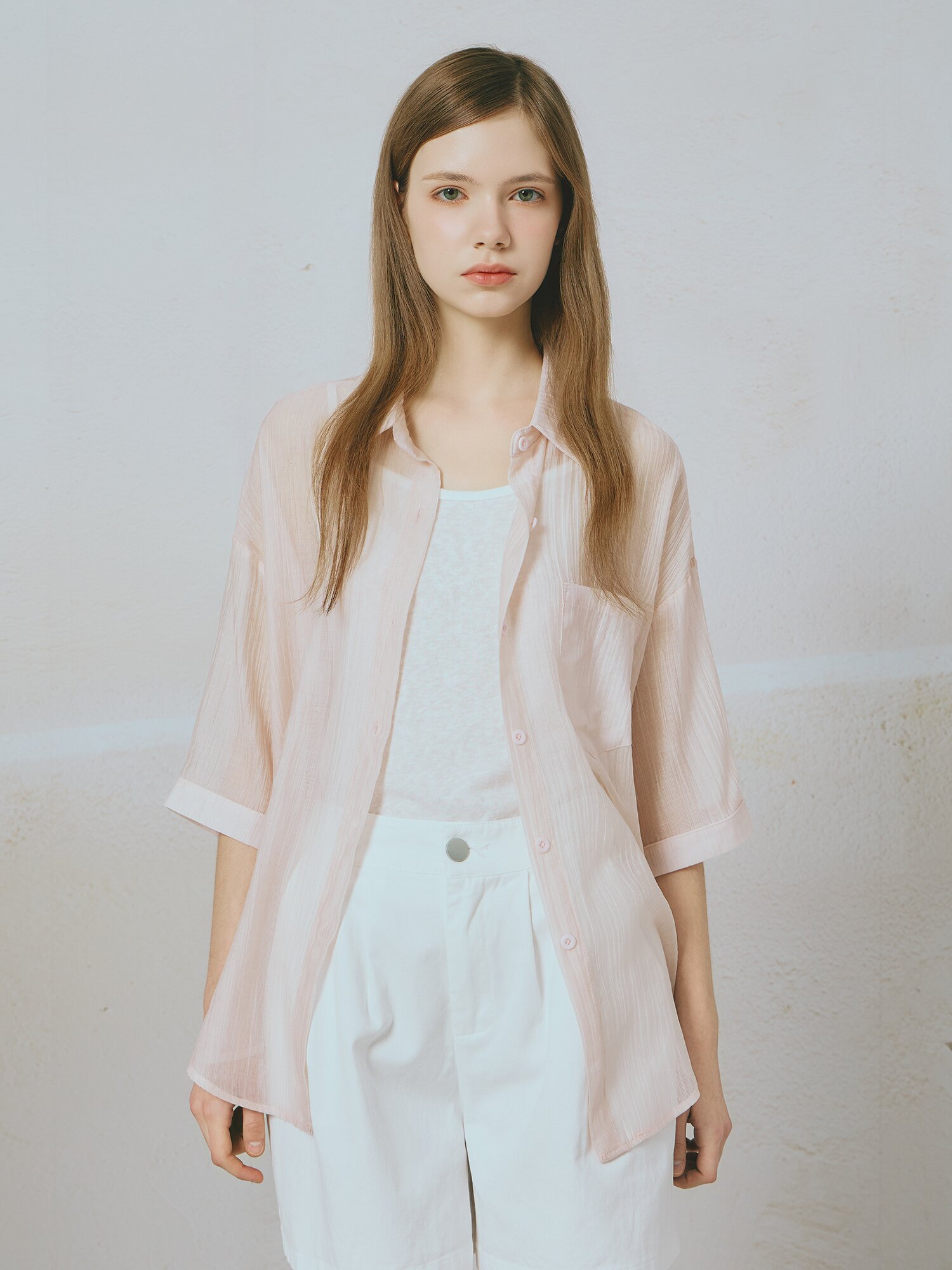크링클 셔츠 칼라 블라우스 (PINK)