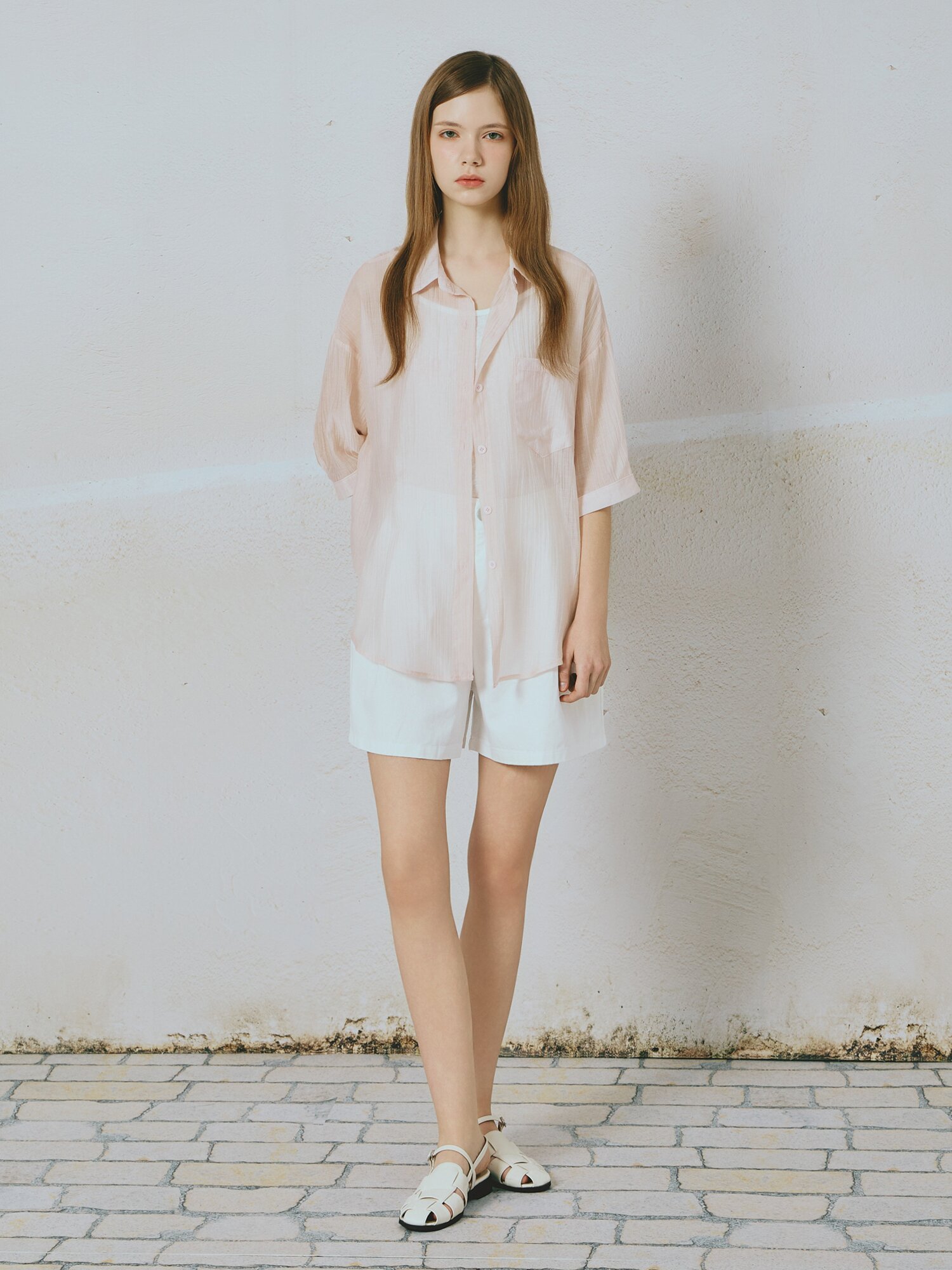 크링클 셔츠 칼라 블라우스 (PINK)