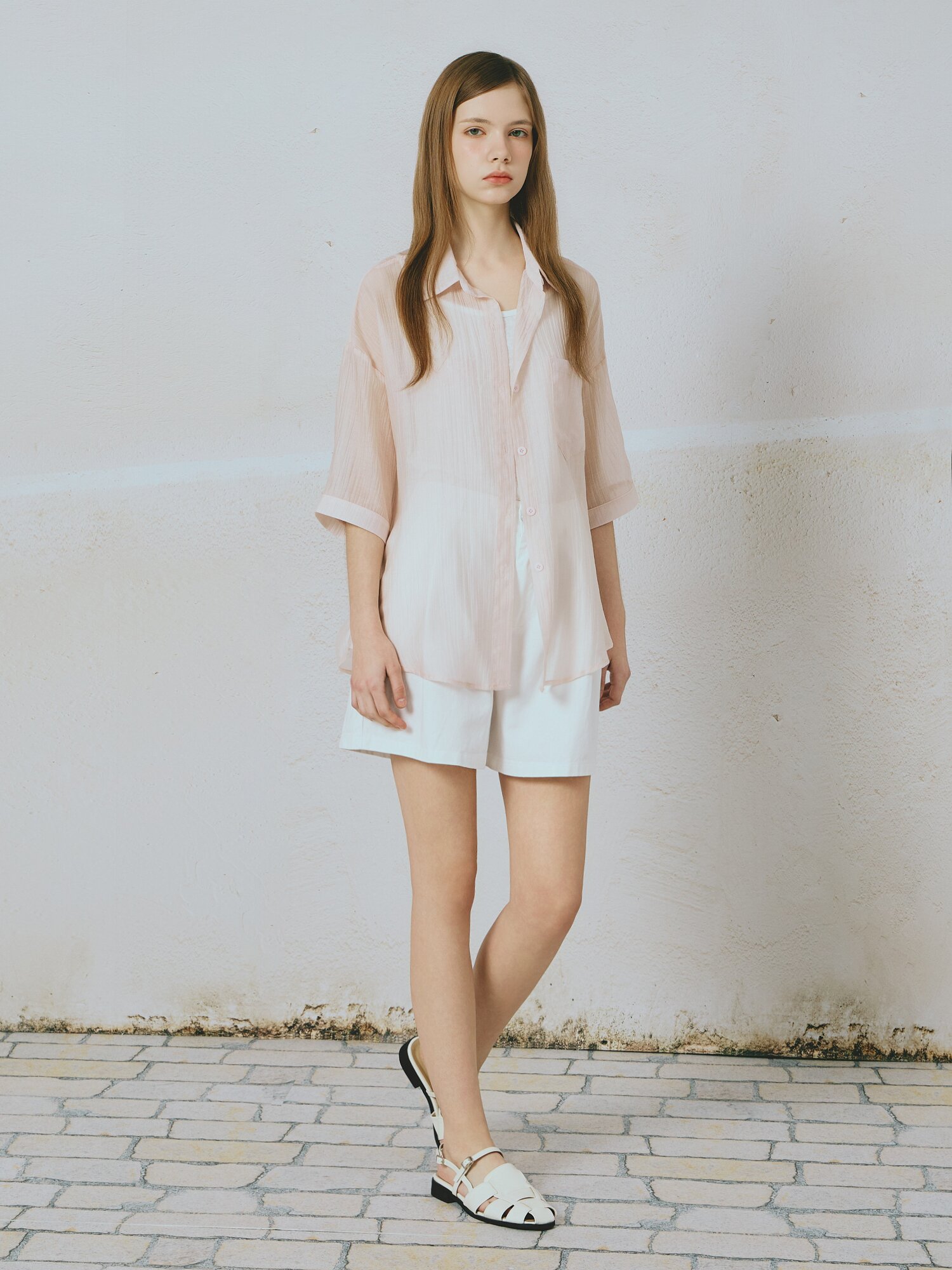 크링클 셔츠 칼라 블라우스 (PINK)