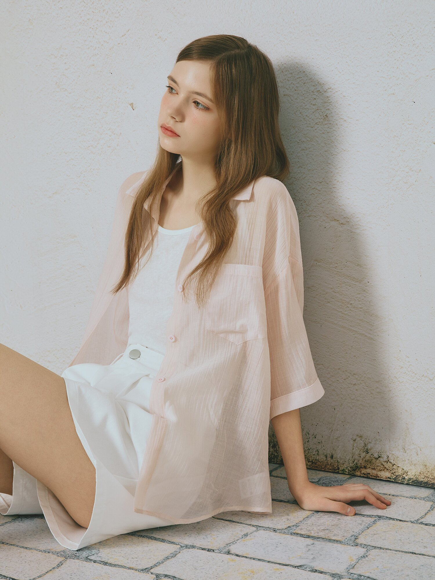 크링클 셔츠 칼라 블라우스 (PINK)