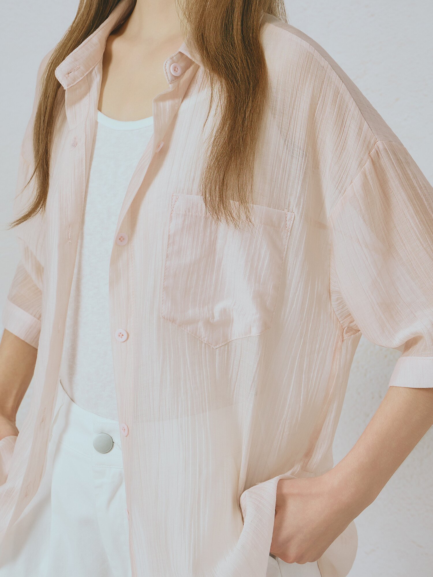크링클 셔츠 칼라 블라우스 (PINK)