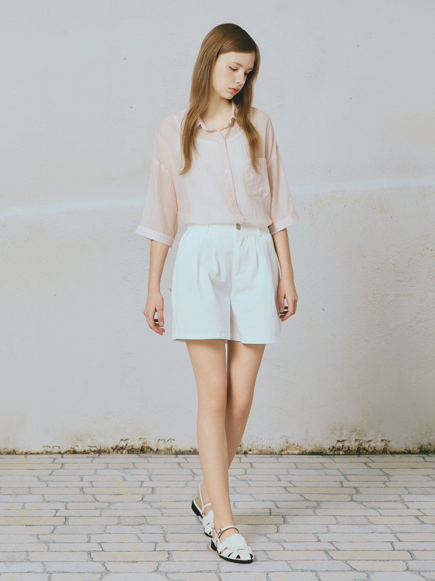 크링클 셔츠 칼라 블라우스 (PINK)