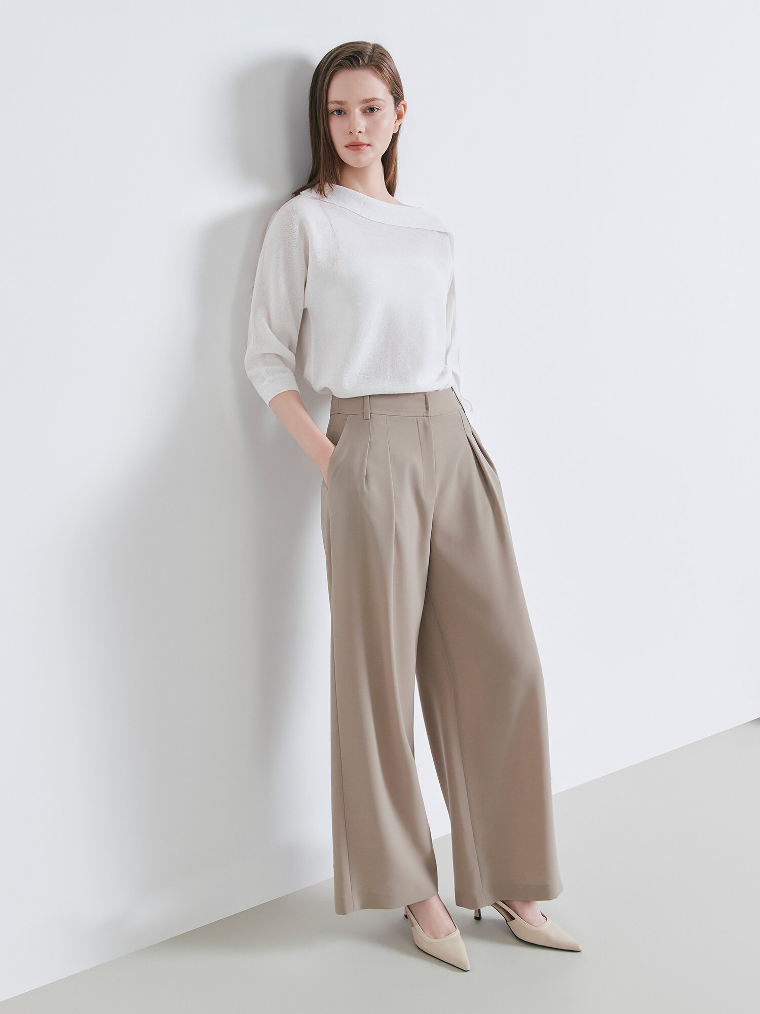 히든 버튼 투턱 와이드 팬츠 (BEIGE)