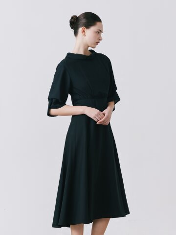 백 리본 카울넥 플레어 원피스 