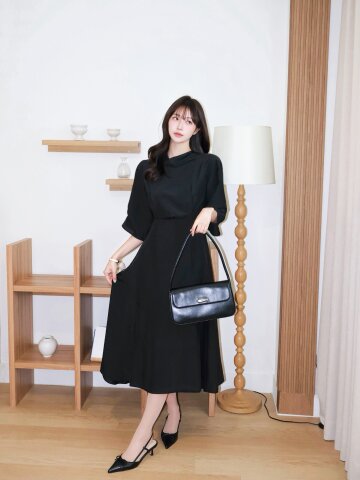백 리본 카울넥 플레어 원피스 
