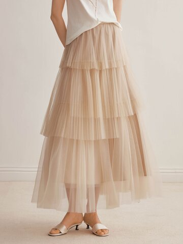 YY_Pleated mesh cake skirt_2color