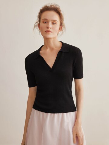 YY_V-neck black knit top