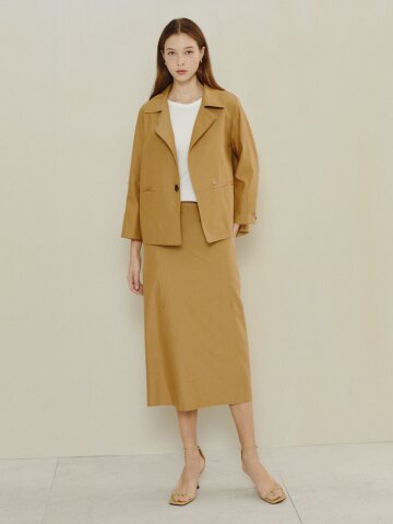 내추럴 린넨 아웃포켓 미디 스커트 (CAMEL)