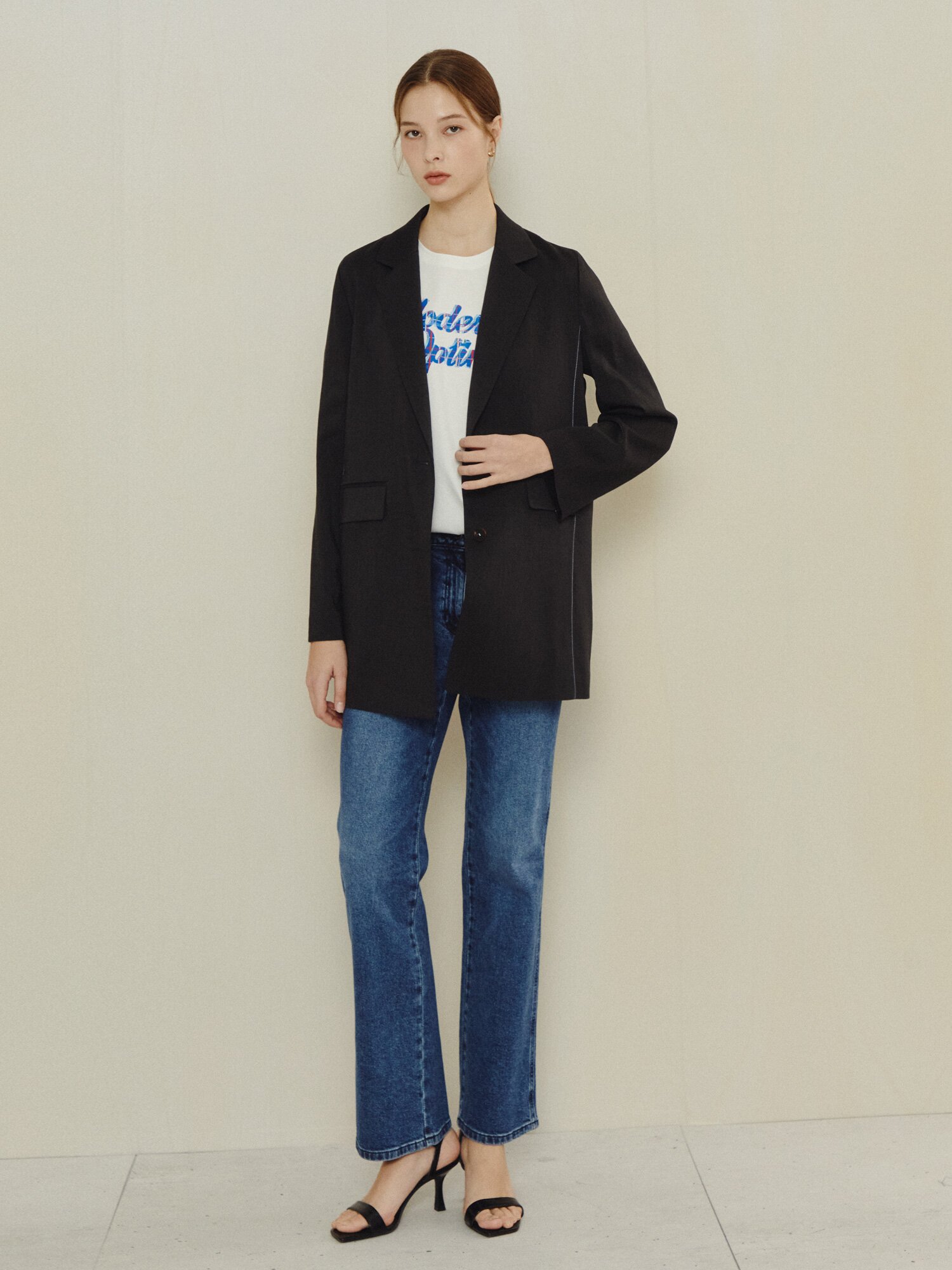 모던 스티치 롱 테일러드 재킷 (DARK GREY)