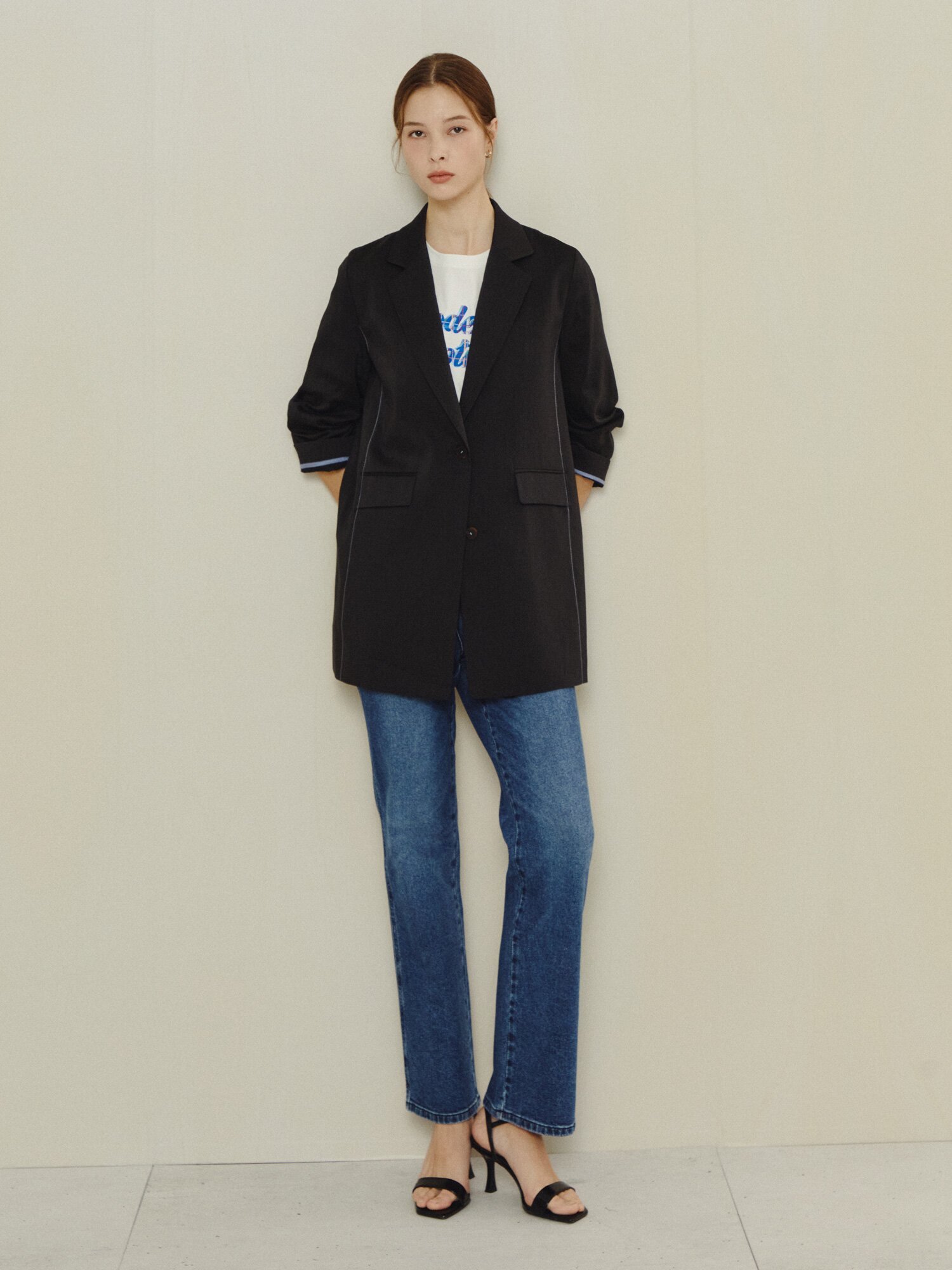 모던 스티치 롱 테일러드 재킷 (DARK GREY)