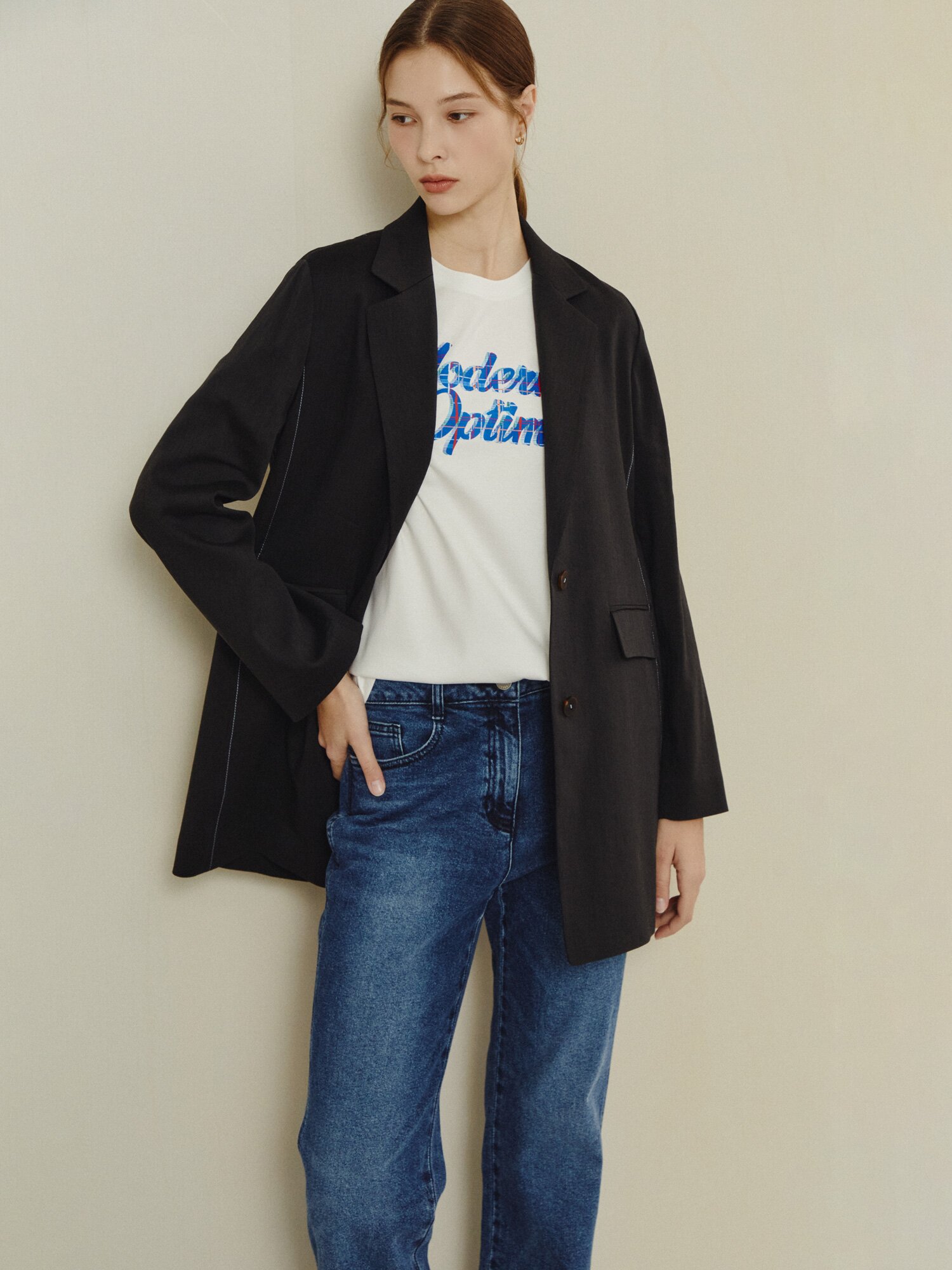 모던 스티치 롱 테일러드 재킷 (DARK GREY)