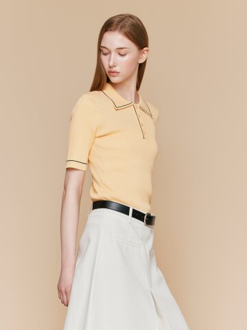 배색 버튼 칼라 풀오버 니트 