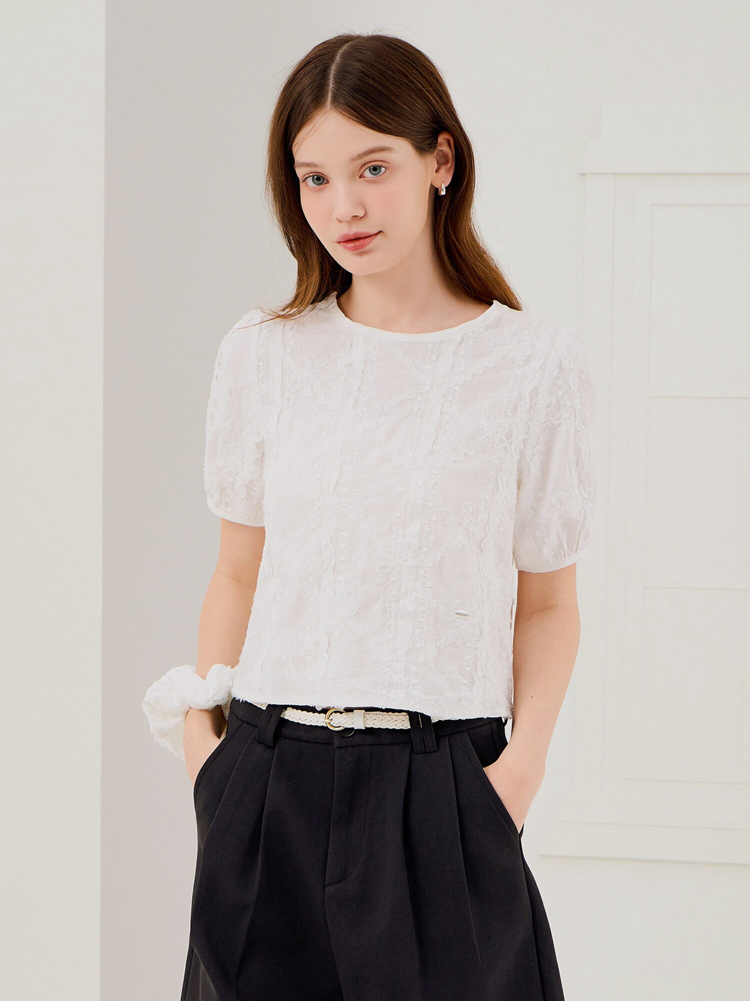 퍼프 블라우스 +스크런치 세트 (WHITE)