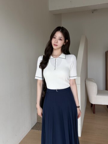 배색 버튼 칼라 풀오버 니트 