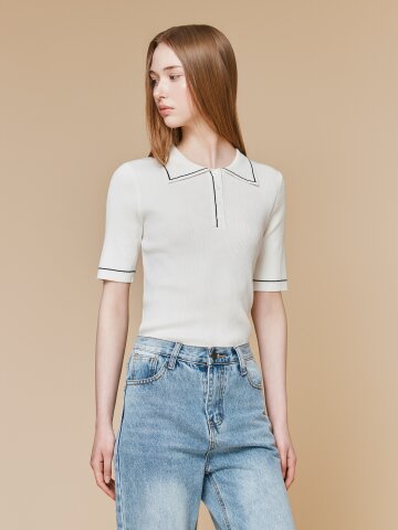 배색 버튼 칼라 풀오버 니트 