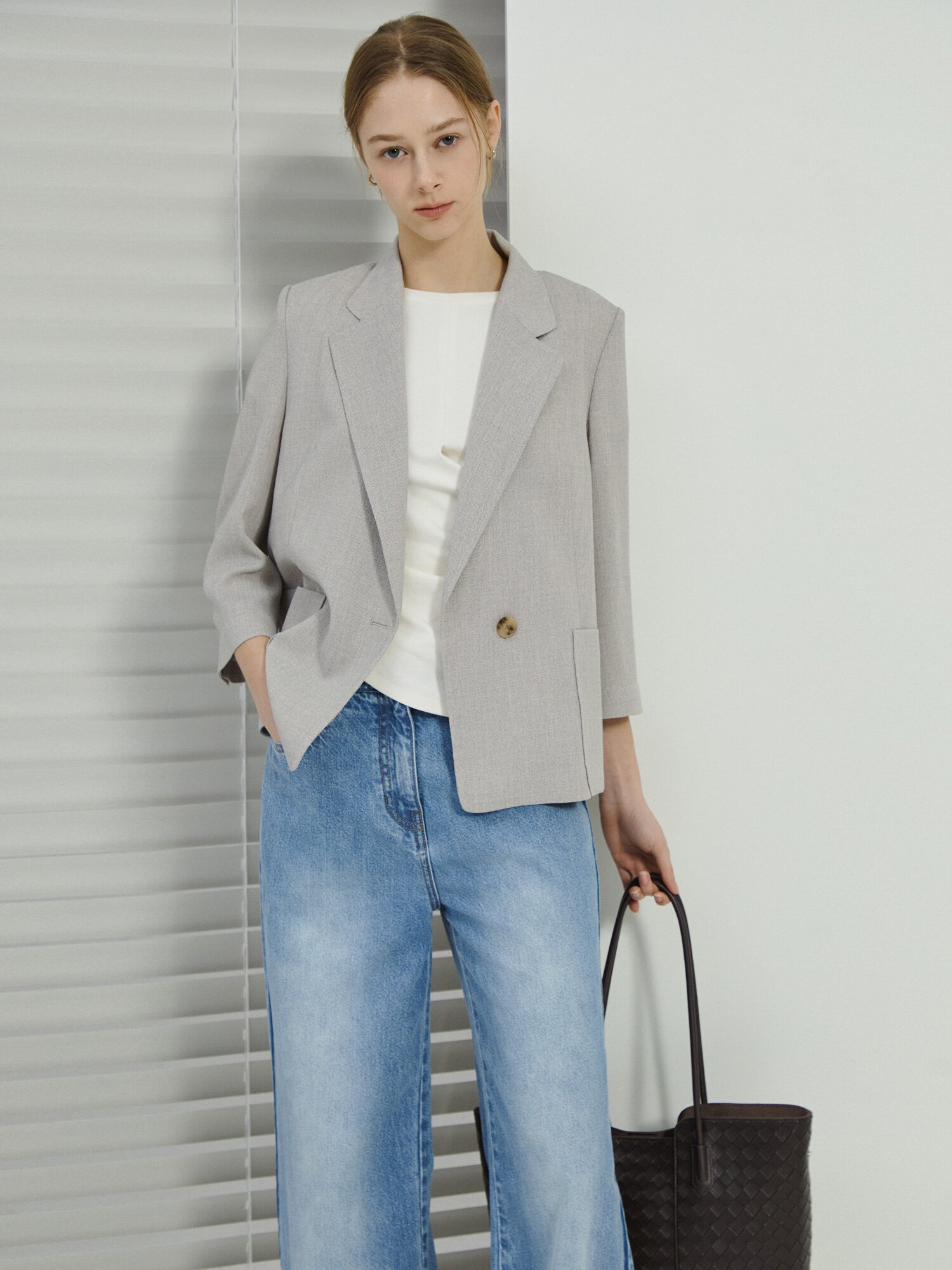 잔조직 포켓 7부 원버튼 재킷 (MELANGE BEIGE)