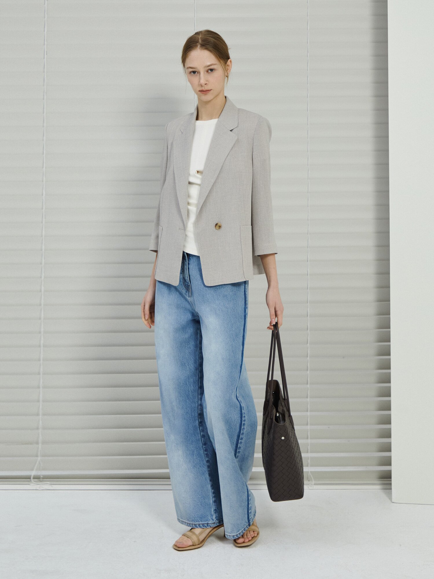 잔조직 포켓 7부 원버튼 재킷 (MELANGE BEIGE)