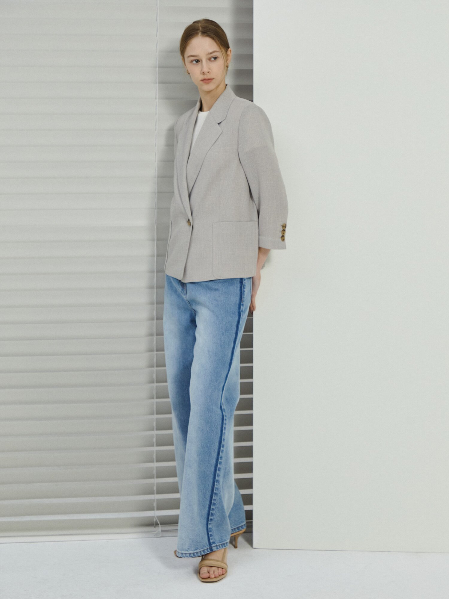 잔조직 포켓 7부 원버튼 재킷 (MELANGE BEIGE)