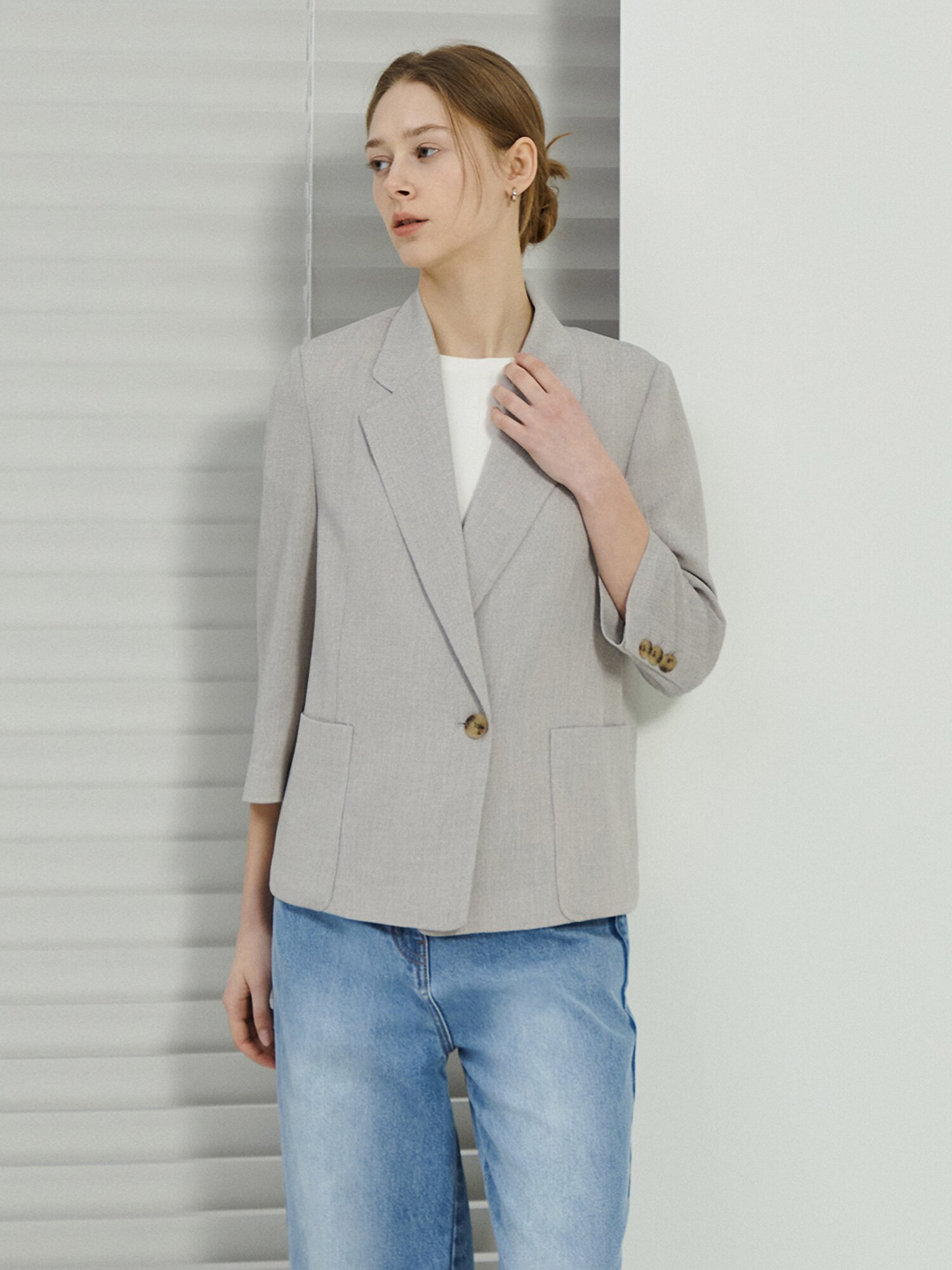 잔조직 포켓 7부 원버튼 재킷 (MELANGE BEIGE)