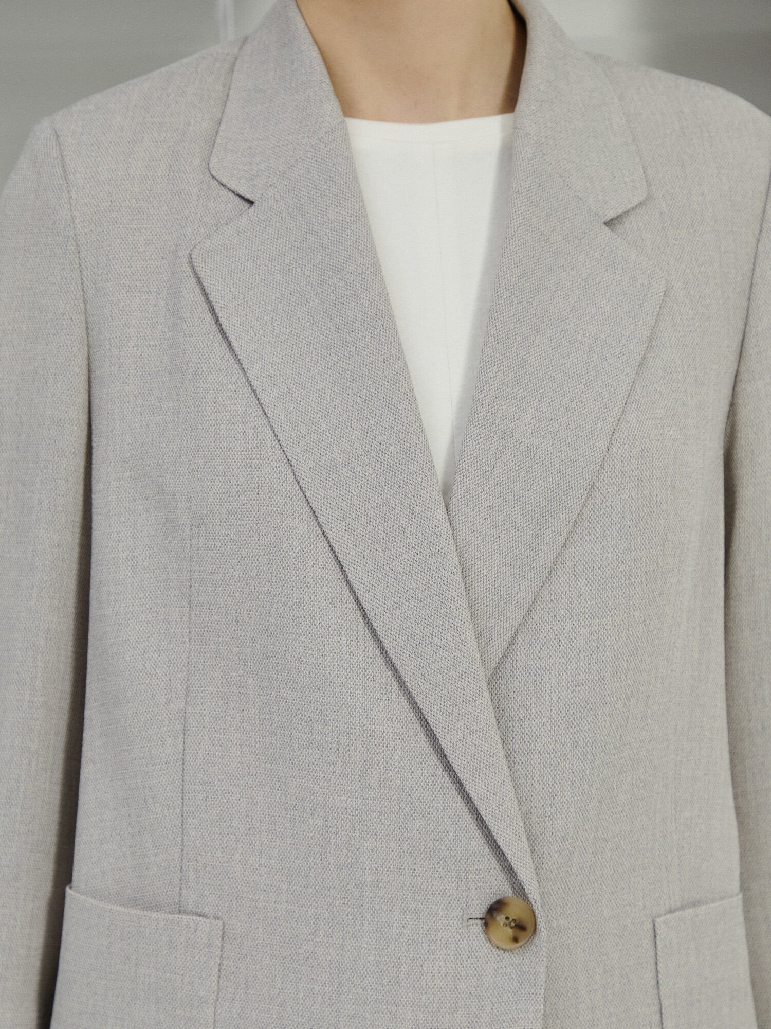 잔조직 포켓 7부 원버튼 재킷 (MELANGE BEIGE)