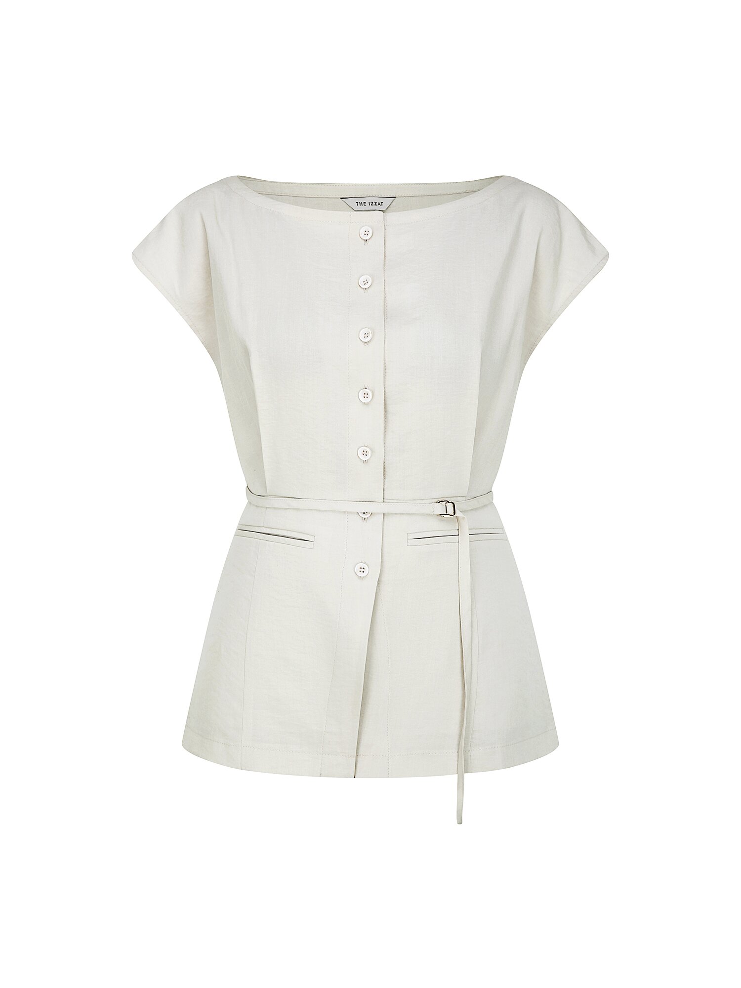 코튼 벨티드 캡 슬리브 블라우스 (LIGHT BEIGE)