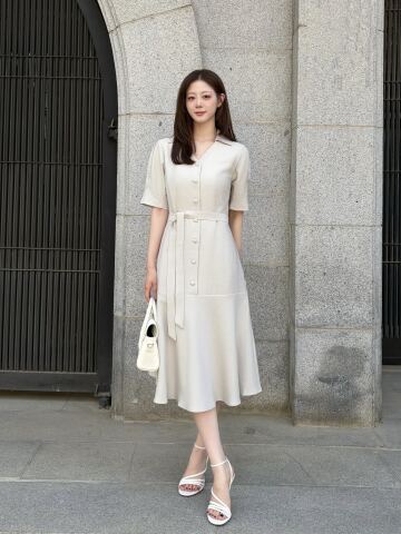 브이 칼라 플레어 헴 원피스 