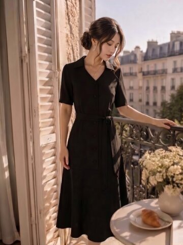 브이 칼라 플레어 헴 원피스 