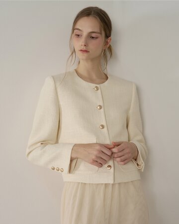 버터 옐로우  골드 버튼  트위드 자켓 - 아이보리