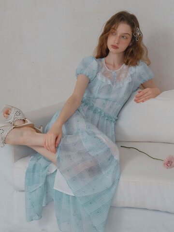 5/4 예약배송_LB_Soft blue plaid puff sleeve dress