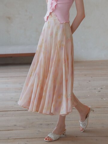 LB_Tie-dye floral chiffon skirt