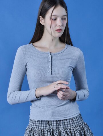 라운드넥 크롭 슬림 여리핏 버튼 긴팔티 이너 [GRAY] KGL.